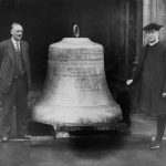 The new tenor bell in 1928. Joseph Smith Clerk of Works (left) Dean William Moore-Ede (right)